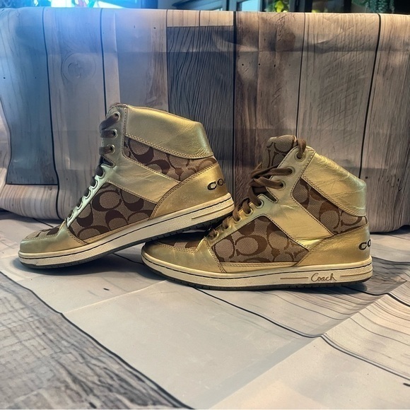 Coach Norra Gold Leather High Tops Sneakers Signature Print A1431 Size 9 - Picture 5 of 10
